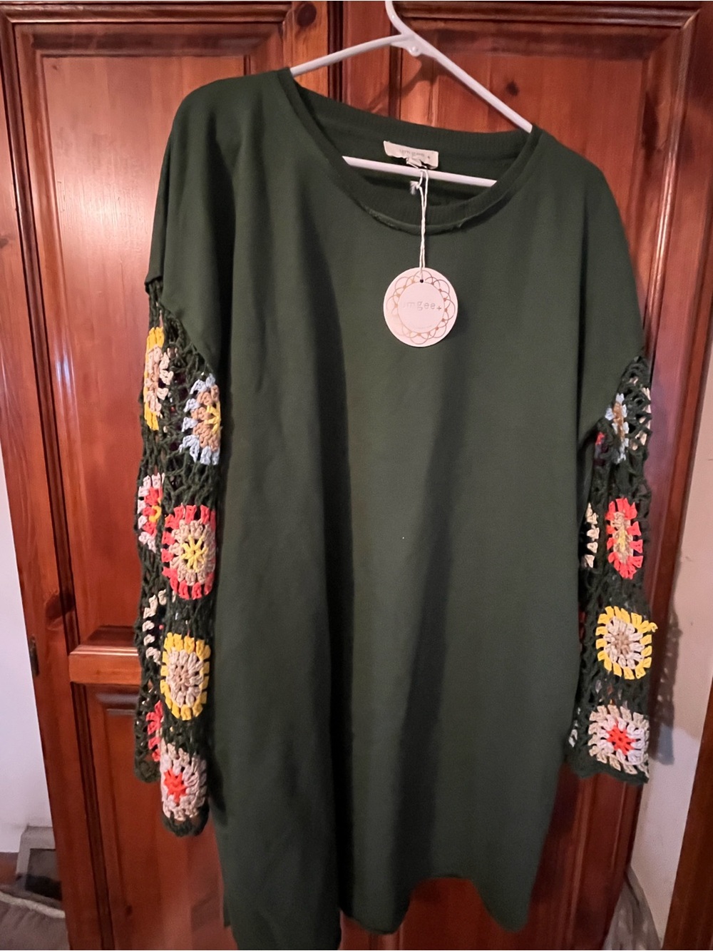 Umgee Dark Green Dress with Crochet Colorblock Sleeves. XL